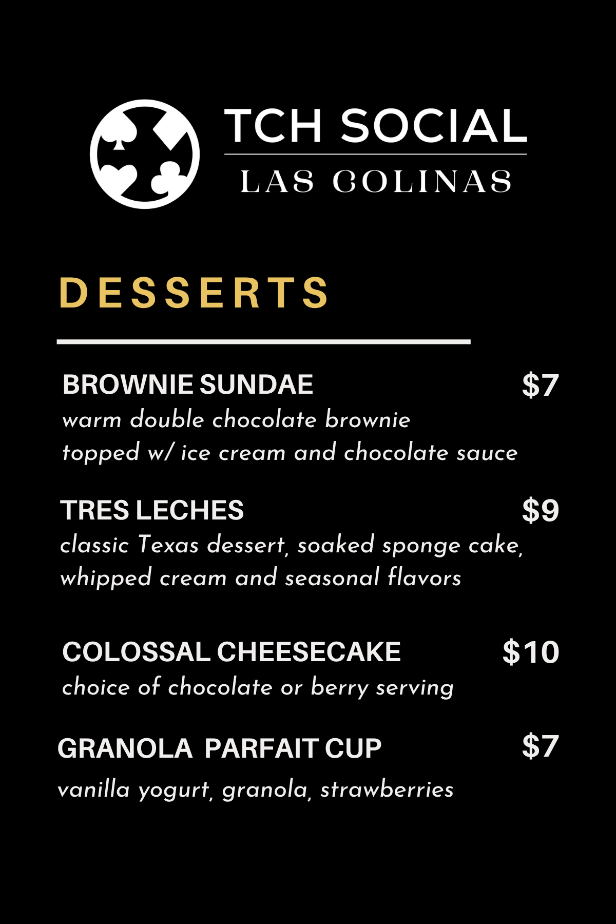 Dessert Menu at TCH Social Las Colinas