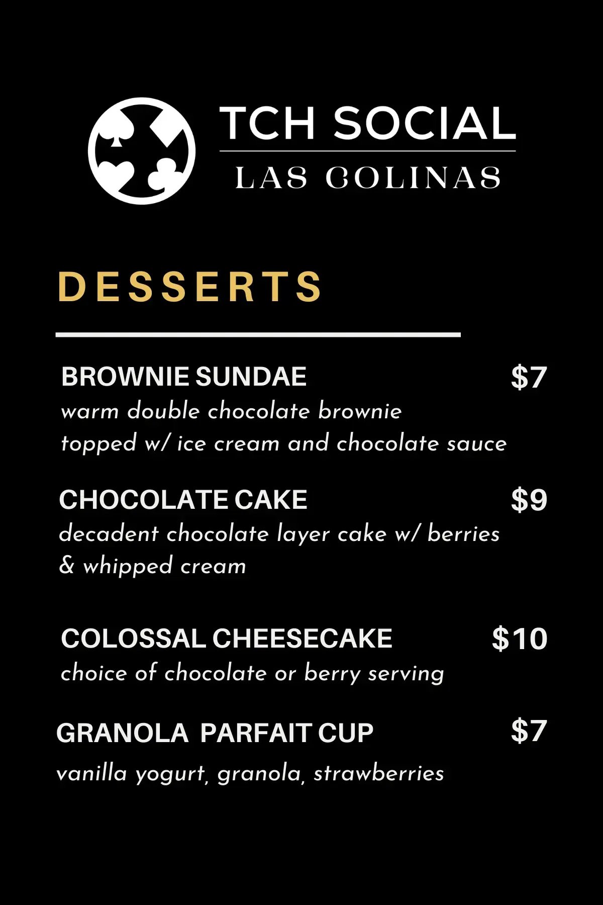 Dessert Menu at TCH Social Las Colinas